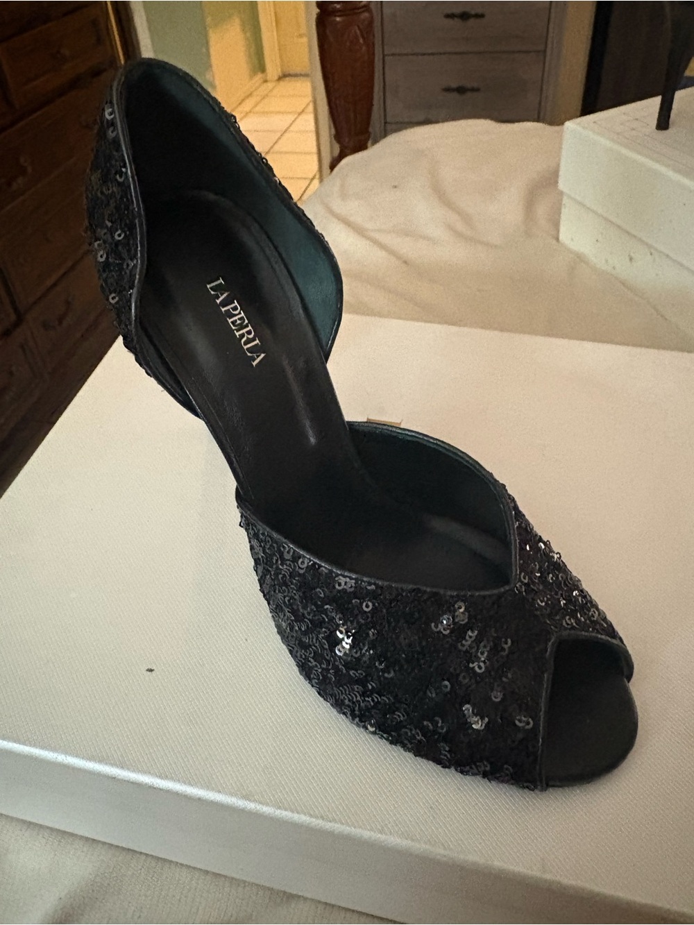 La Perla Black Sequin Peep-Toe D'Orsay Heel (Single)
